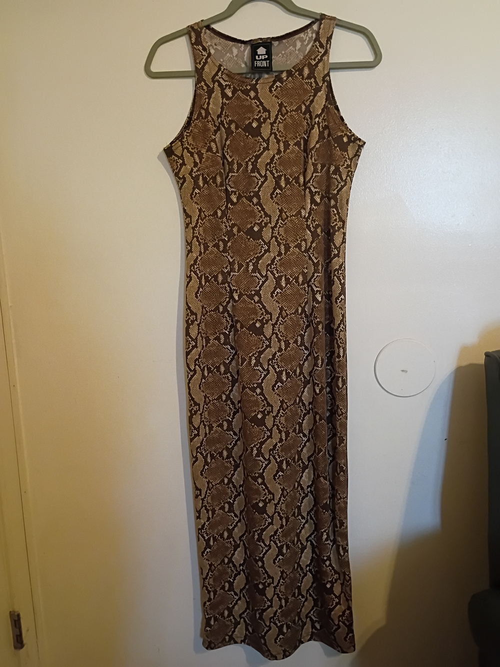 VTG Up Front Women's Sleek Brown Snake-Print Maxi Dress Y2K Sz M